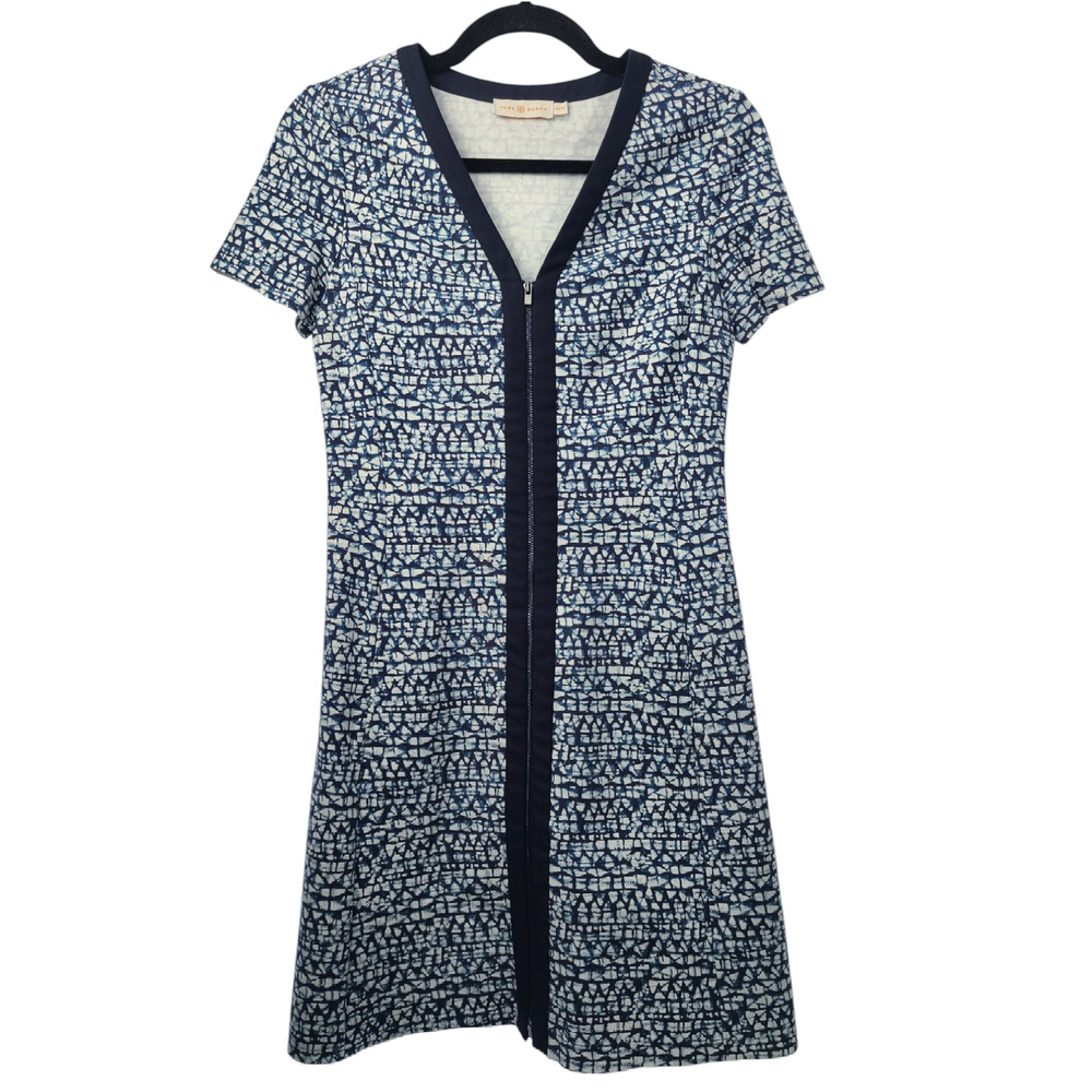 Tory Burch Peninsula Blue Tribal Ponte Zip Front Dress Size XS